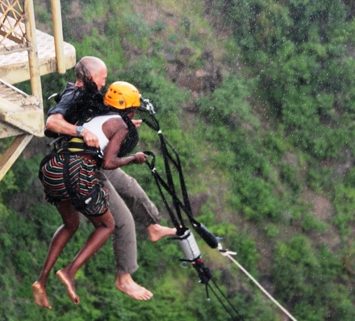 First step off of a bungee swing on Victoria Falls