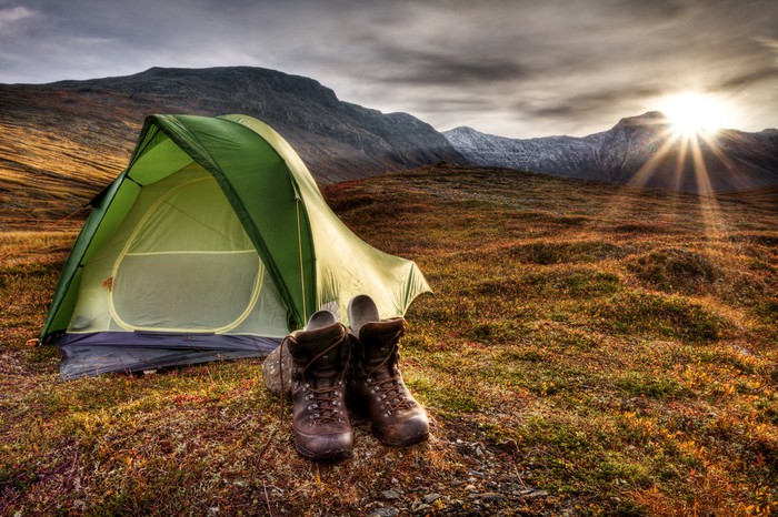 Backpacking gear in sunset