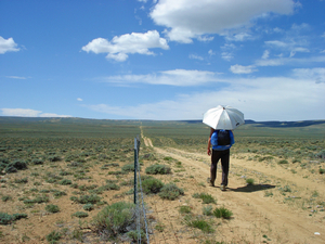 The Great Basin on the CDT in Wyoming. No tree cover. Hot. Not water. Happy to have an umbrella.
