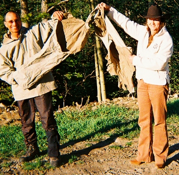 Theresa, the manager of the Monarch Mountain Lodge, helps me hold up my shredded pants. See, even rain gear can fail just like an umbrella can fail.