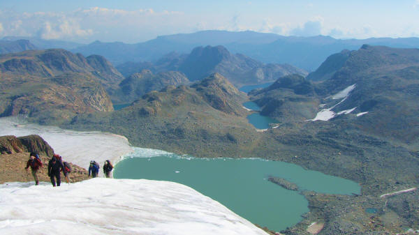 These five guys were Outward Bound instructors on a 2 week vacation. They were also doing the traverse, but they had three resupply spots (pack animals were bringing in the food). They had ice axes and crampons. Lots of gear. They wondered what I was doing there with only six pounds of gear including an umbrella as my 