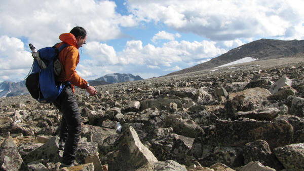 There is no trail. Fields of rocks make walking tricky. You wouldn't want to twist an ankle up here when you're all alone!