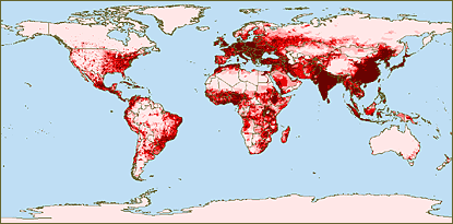 World population density map - we avoid cold places and dry places. The exception: Brazil's Amazon. It has low population density because its land is not that fertile.