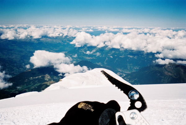 The tip of my ice ax points the highest manned hut, which is around 12,500 feet or 3,200 meters.