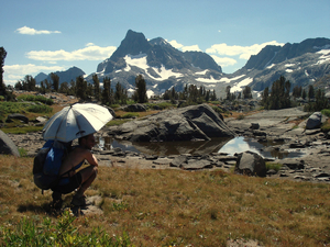 Taking a break with the umbrella at Banner Peak on the JMT/PCT