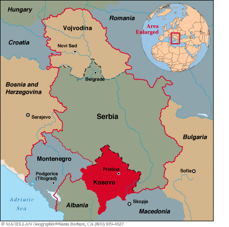 Map of Serbia, showing Kosovo and Vojvodinja