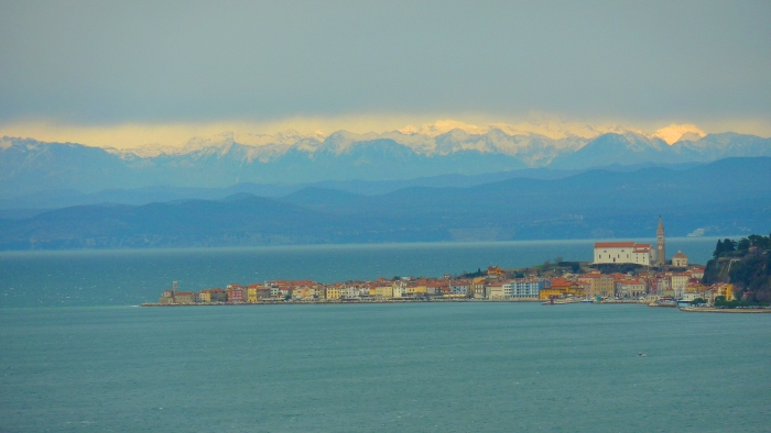 Old Town of Piran, Slovenia with Julian Alps in background