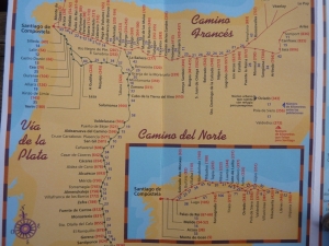 El Camino Santiago map with El Camino Frances, Camino del Norte, and Via de la Plata - Way of St. James or Chemin St. Jacques